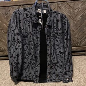 Chico's Black and Gray Embroidered Jacket paired with black sleeveless top. NWOT